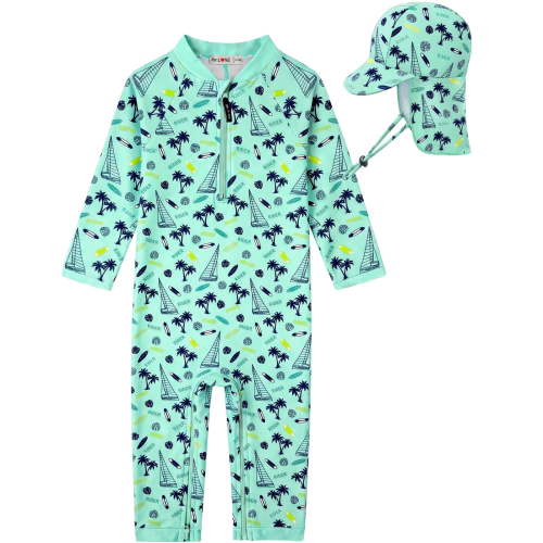 weVSwe Baby Boy Swimsuit Set with Sun Hat, UPF 50+ Toddler Rash Guard, Long Sleeve One-Piece with Front and Crotch Zippers, 0-3T