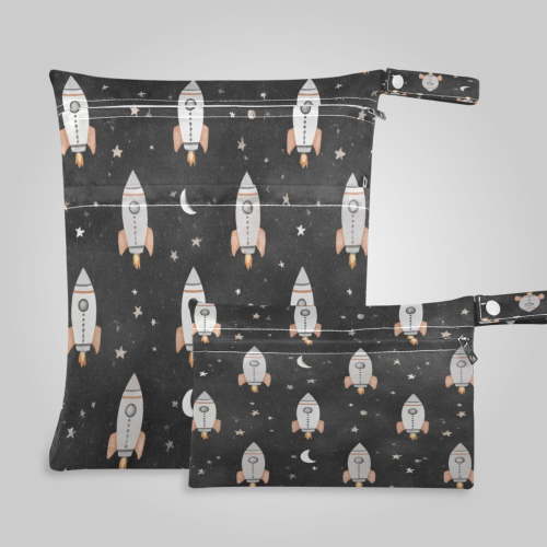 2 Pack Wet Dry Bags,Black Space Rocket Pattern Waterproof Reusable Dual Zipper Bags for Swimwear, Gym Clothes, Toiletries, Baby Diapers