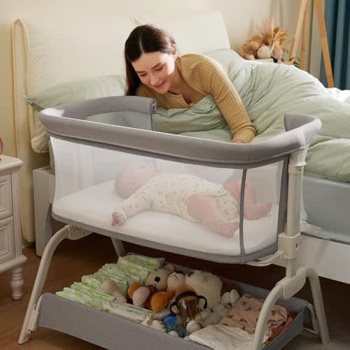 HARPPA Cuddly Bassinet, 2 in 1 Baby Bassinet with Breathable Mesh and Mattress, 6 Height Adjustable, Bedside Sleeper with Anchor Strap, Storage Basket and Wheels