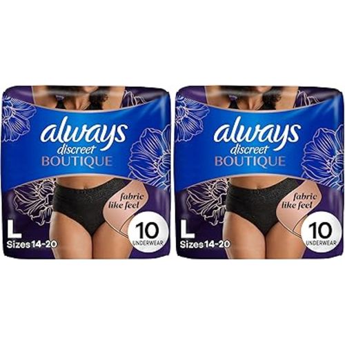 Always Discreet Boutique Low-Rise Postpartum Incontinence Underwear Size L Maximum Absorbency, Up to 100% Leak Protection, Black, 10 Count (Pack of 2)