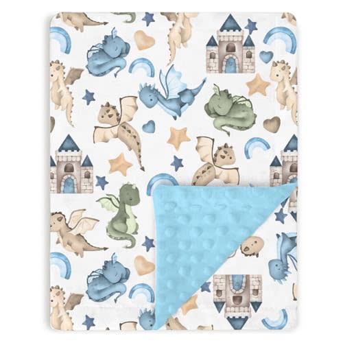 Tewrnvioc Flying Dragon Castle Baby Blankets for Boys 30" x 40", Blue Whimsical Soft Double Layer Minky Blanket with Dotted Fleece Back, Nursery Bed Receiving Quilt Newborn Infant Toddler Shower Gift