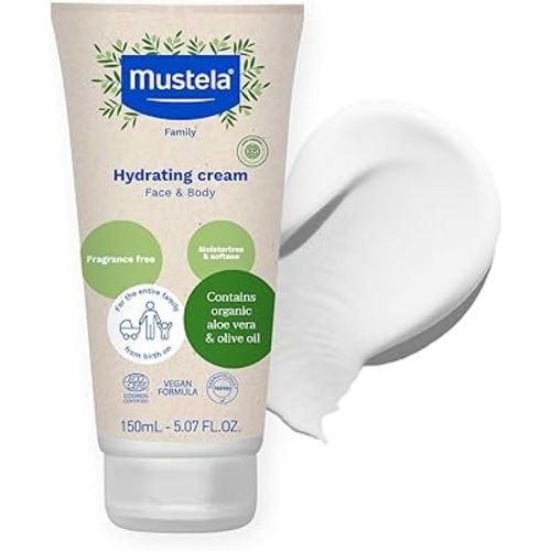 Mustela Certified Organic Hydrating Cream - Natural Body Lotion w/Olive Oil, Aloe Vera & Sunflower Oil - For Baby, Kid & Adult - Fragrance Free, EWG Verified & Vegan - 5.07 oz. - Packaging may vary