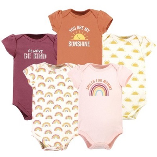 Hudson Baby Infant Girl Cotton Bodysuits, Sunshine Rainbows 5 Pack, 3-6 Months