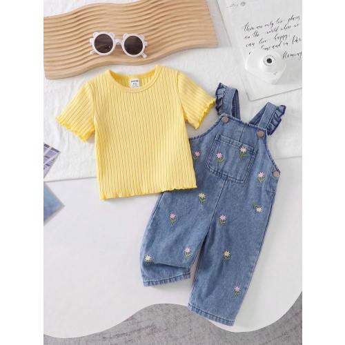 SHEIN Vintaside Kids 2-Piece Baby Girl Set Casual Cute Versatile Solid Color Short-Sleeved Top And Floral Embroidered Denim Overalls Set, Suitable For Spring And Summer Daily Wear Fall Winter | SHEIN