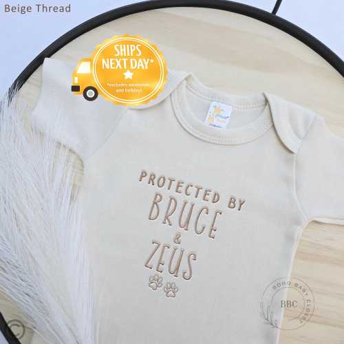 Embroidered Protected By Dog Onesie® brand, New Best Friend Onesie® Personalized Dog Name Dog Name Onesie® Baby Shower Gift Z3