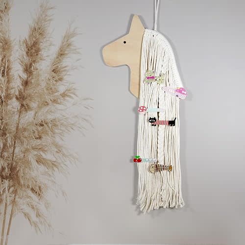 Wooden Horse Hair Bow Holder, White Macrame Mane Hair Clip Organizer, Wall Mount Hair Accessories Display for Girls Room, Nursery, Bedroom Decor, 23.62 x 8.86 Inches