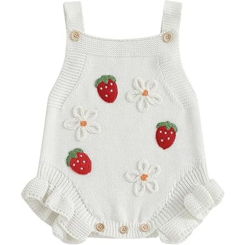 Vicaankue Newborn Infant Baby Girl Clothes Strawberry Embroidery Sleeveless Knit Ruffle Romper Sweater Overalls Bodysuit
