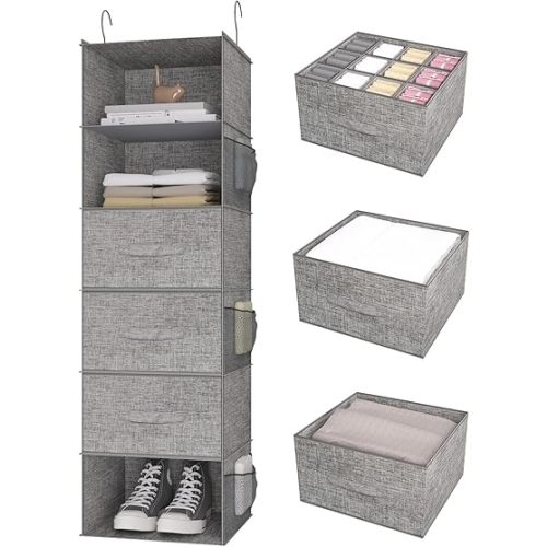 6-Shelf Hanging Closet Organizer with Drawers Closet Storage Foldable Portable Hanging Shelves for Clothes Shoes, 47"x13.75"x12.25", Grey