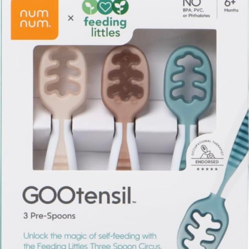 NumNum Baby Spoons Set, Feeding Littles x Silicone Pre-Spoon GOOtensils for Baby Led Weaning, Self-Feeding & Teething, First Stage Toddler Utensils for Ages 6+ Months, 3-Pack, BPA-Free (Neutrals)