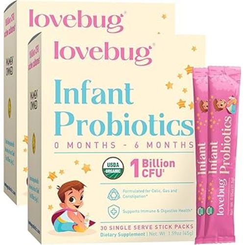 LOVEBUG Infant Probiotics 0-6 Months - USDA Organic Probiotics for Babies, Supports Baby Gas, Colic, Reflux, Diarrhea and Newborn Constipation Relief, Allergen & Sugar Free, Tasteless Powder, 30 Pack