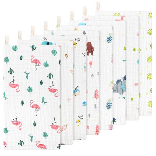 KABOER 8 Pack Baby Burp Cloths - 6-Layer 10"x20" Super Soft Absorbent Washcloths for Newborns, Multifunctional Nursing Bibs & Face Towels with Hanging Loop, Neutral Cute Prints