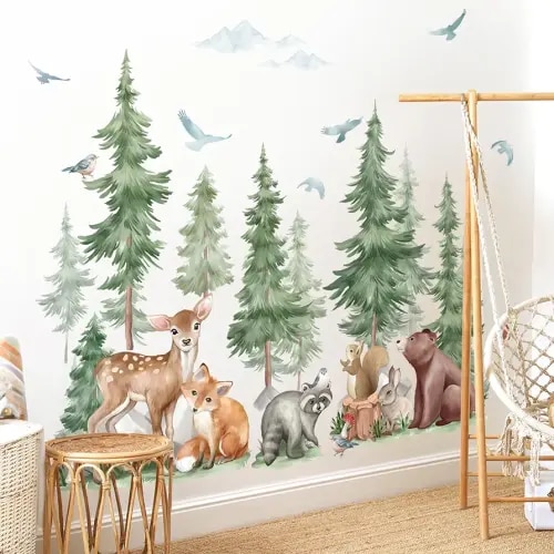 wondever Mountain Tree Wall Stickers Large Pine Tree Forest Animal Bear Fox Peel and Stick Wall Art Decals for Kids Room Baby Nursery Bedroom
