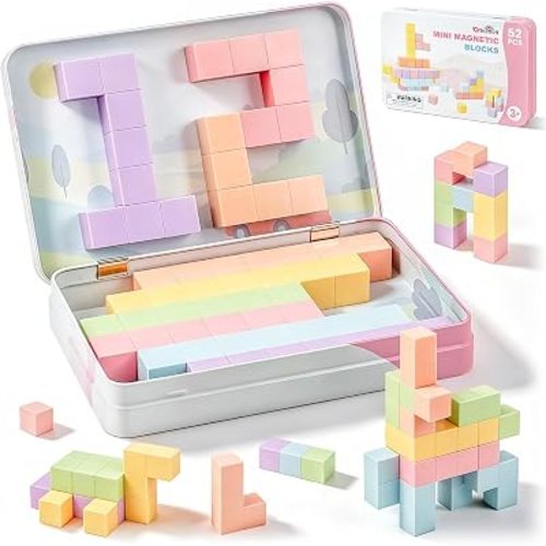 52 PCS Mini Magnetic Blocks with Metal Box, 0.8in Building Cubes Travel Set