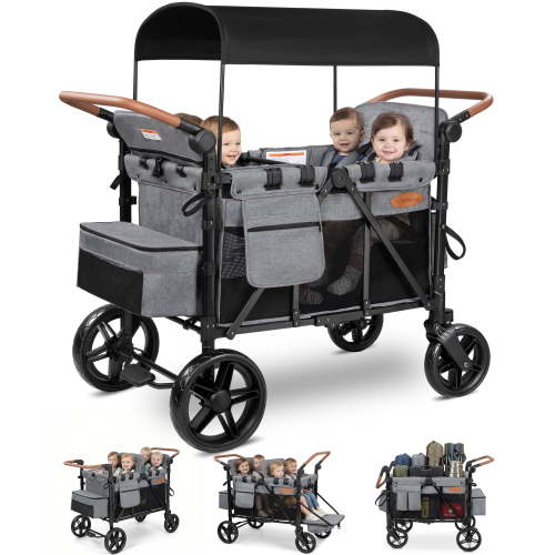 Vomeast Upgrade Wagon Stroller for 4 Kids, 4-Seater Baby Stroller Wagon with Canopy, 5-Point Harness, Adjustable Handle(Grey)