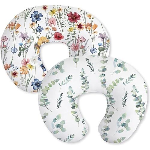 Little Grape Land Nursing Pillow Covers 2 Pack, Soft & Breathable Removable Breastfeeding Pillows Covers for Feeding Pillows, Nursing Pillow Slipcover for Baby Girls Boys, (Leaves & Flowers)