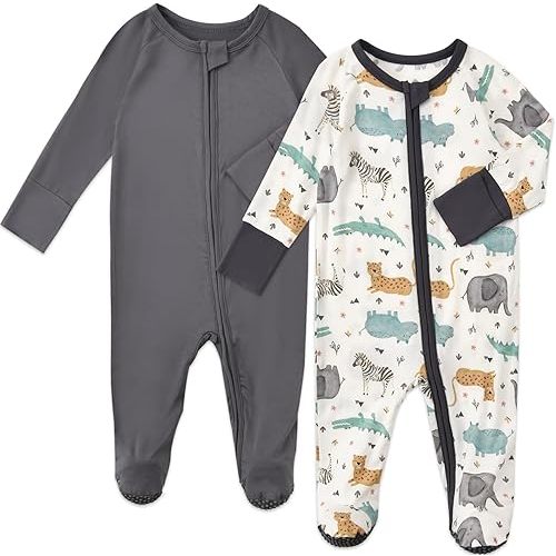 Baby Footed Pajamas with Mittens Rayon from Bamboo 2pcs Newborn Infant 2-way Zipper Pjs Cute Sleeper Outfit