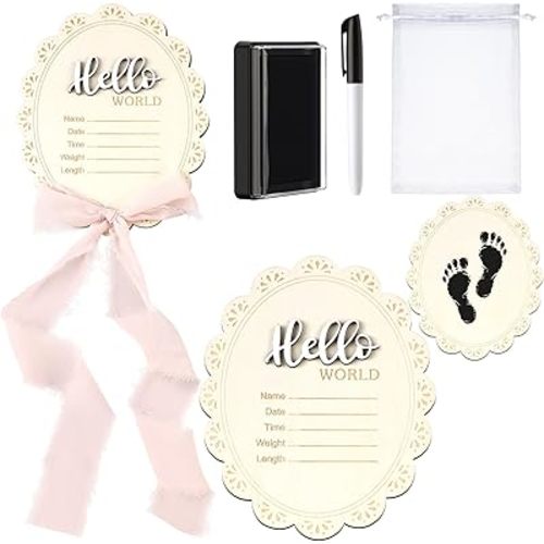 Baby Announcement Sign 7 Inch Double Sided Wooden Hello World Newborn Engraved Sign with Organza Bag Marker Pen Ink Pad Ribbon Bow for Baby Shower Hand Footprints Photo Prop (Pink Bow)