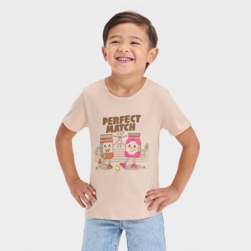 Toddler Boys' Short Sleeve PB&J Graphic T-Shirt - Cat & Jack™ Beige 5T: Crew Neck, Sports Pattern