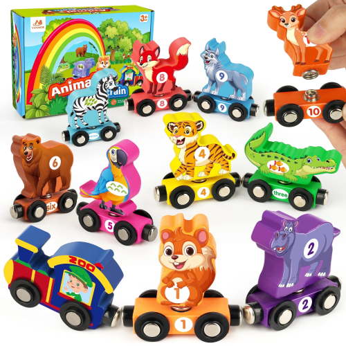 Vanmor Wooden Train Set with Animal Toys, Snap-Connection Animal Train, Matching and Number Train Learning Toys, Fine Motor Skill Educational Toy Gift for 3 4 5 Years Old Kids