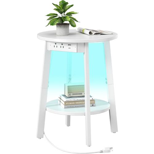 Round End Table with Charging Station, White LED Small Side Table for Small Space, USB Power Oulets & LED Strip, 2-Tier Round Accent Table Couch Sofa Nighstands for Living Room, Bedroom, White