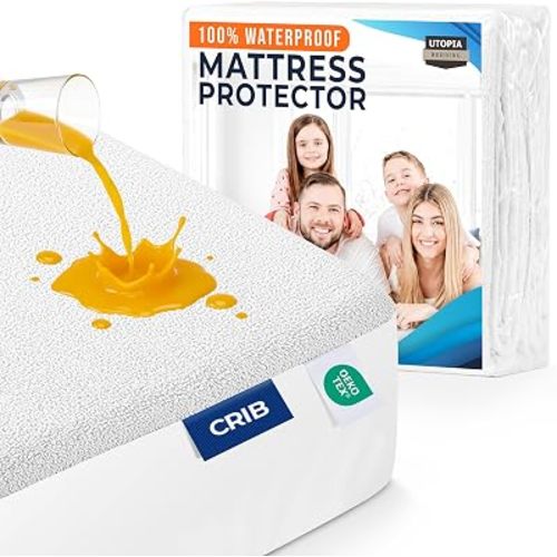 Crib Size Mattress Protector Waterproof, Premium 200 GSM Terry Mattress Cover, Soft & Breathable Bed Cover, Fitted Sheet Style Stretchable Deep Pockets 5" by Utopia Bedding (White)