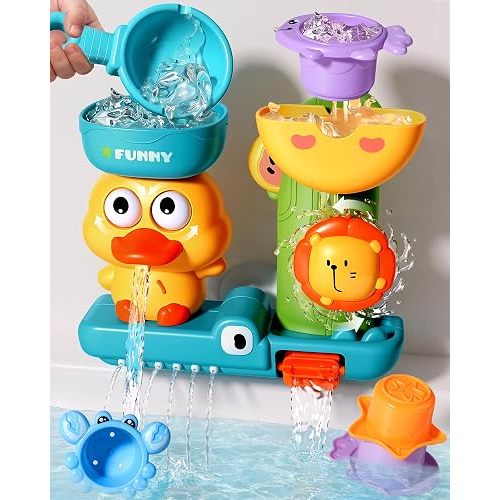 Toddler Bath Toys for Kids Ages 1-3 2-4 Baby Bathtub Water Toys with 3 Strong Suction Cups Battery-Free Duck Waterfall Sensory Shower Toys with Stacking Cups for 18+ Months Boys Girls Birthday Gifts
