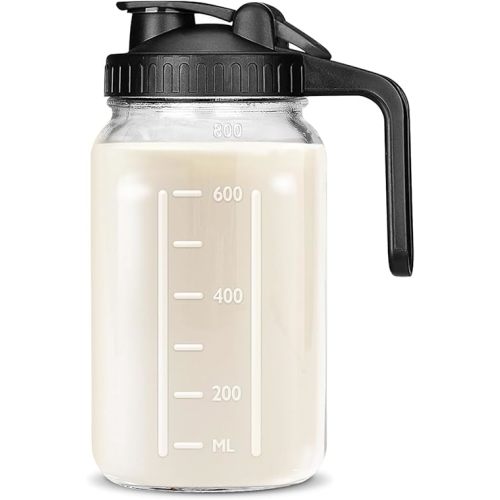 32 OZ Mason Jars with Lid, Glass Pitcher Double Leak Proof with Pour Spout Handle, 2 Quart Wide Mouth Breast Milk Pitcher for Fridge, Creamer Container for Coffee, Sun Tea(Black,1 Pack)