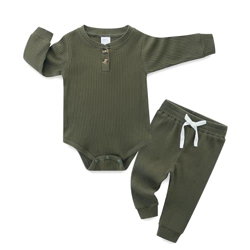 Hikido Newborn Baby Boy Girl Clothes Infant Ribbed Romper Cotton Long Sleeve Pant Sets for 0~18M Infant