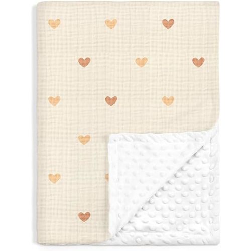 Heart Baby Blankets for Girls, Soft Nursery Minky Blankets with Muslin and Dotted Fleece Back 30x40 inches, Receiving Bed Quilt for Newborn, Infants, Toddlers