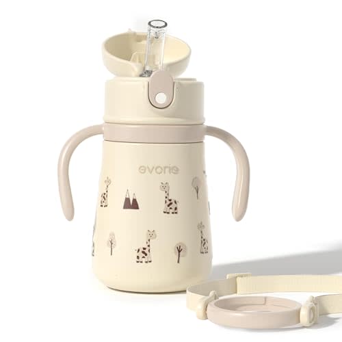 Evorie Leak Proof 316L Stainless Steel Vacuum Sippy Cup for Toddlers, 11 oz | BPA & BPS-Free, Keeps Drinks Warm or Cold, Removable Handle & Adjustable Strap, Easy to Use and Clean, Giraffe