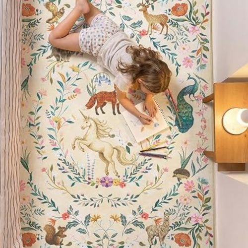 jinchan 5x7 Kids Rug Washable Unicorn Nursery Rug Cute Girls Bedroom, Cream