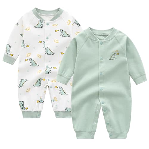 Newborn Baby Boys 2 Pack Cotton Romper Outfits Infant Long Sleeve One-Piece Toddler Button Jumpsuits
