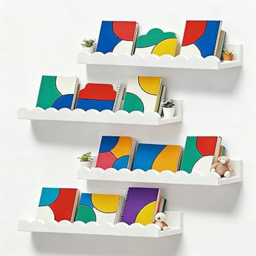 Nursery Book Shelves, Set of 4 Floating Book Shelves, Scalloped Wall Bookshelf for Bedroom, White Decor for Nursery, Baby, Toddler Room