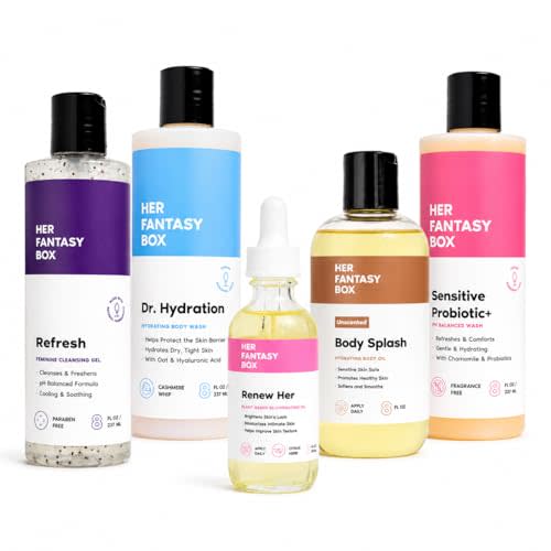 Her Fantasy Box | Postpartum Care Package – Hydrating Body Wash, Sensitive Probiotic Wash, Unscented Body Oil & Intimate Care Oils for Soft, Comforted Skin