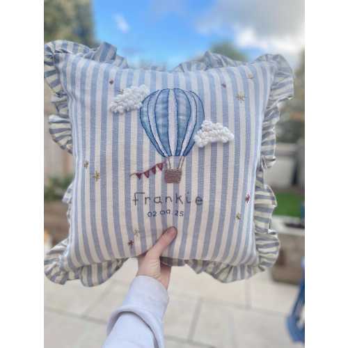 Personalised Embroidered Hot Air Balloon  Cushion: Blue Stripe with ruffle trim