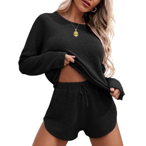 Ekouaer Womens Waffle Knit Pajama Sets Long Sleeve Top and Shorts Matching Lounge Set Loungewear Sweatsuit with Pockets