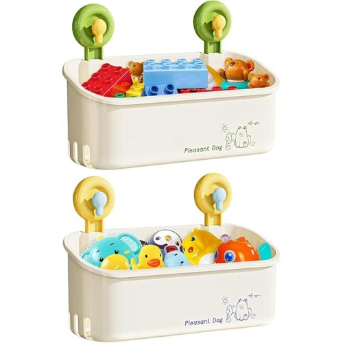 Bath Toy Storage - Wall Mounted Bath Toy Holder with Suction Cup, Quick Drain Large Capacity Bathtub Toy Storage for Bathroom (Yellow + Green)