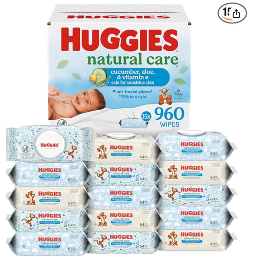 Huggies Natural Care Cucumber, Aloe and Vitamin E Baby Wipes, Hypoallergenic, Scented, 15 Flip-Top Packs (960 Wipes Total), Packaging May Vary