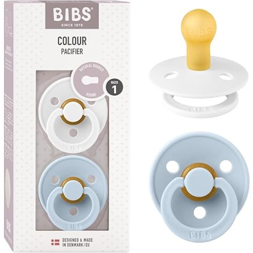 BIBS Pacifiers Colour Collection | Natural Rubber Baby Pacifier | Set of 2 BPA-Free Soothers | Made in Denmark | 0+ Months (Pack of 2) | Baby Blue/White