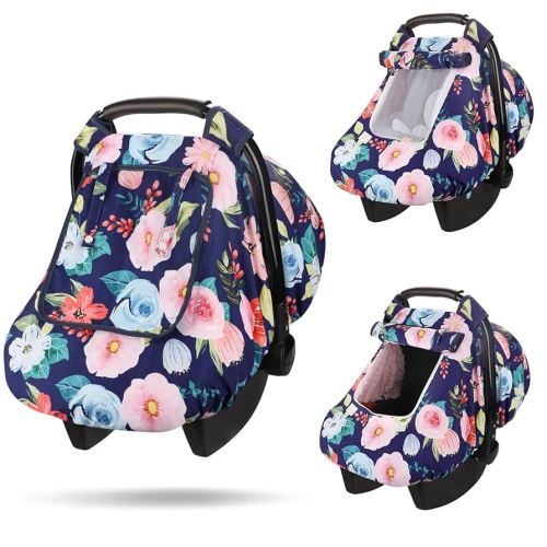 Car Seat Covers for Baby, Winter Baby Car Seat Cover with Peep Mesh Window, Windproof Infant Car Seat Canopy for Girls Boys, Machine Washable, Blue Flower