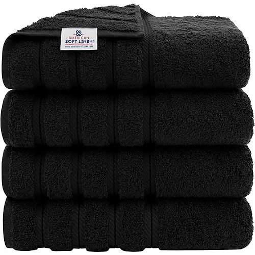 American Soft Linen Luxury 4 Piece Bath Towel Set, 600 GSM 100% Cotton Turkish Bath Towels for Bathroom, 27x54 in Extra Large Bathroom Shower Towels, Black