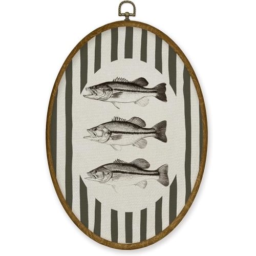JMENGSSFL Vintage Fish Ocean Nursery Oval Wall Art Decor, Coastal Beach Canvas Prints, Neutral Striped Bass Fishing Framed Wall Art for Kids Baby Toddler Boys Room Playroom Decor, 8.6x11.4 Inch