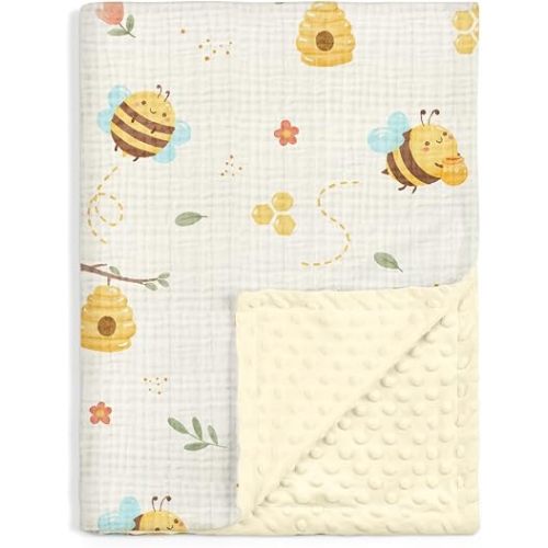 SANDJEST Bee Minky Muslin & Dotted Blanket 30x40 in Gift for Holiday, Gender Reveal Party, Hospital Visit, Baptism