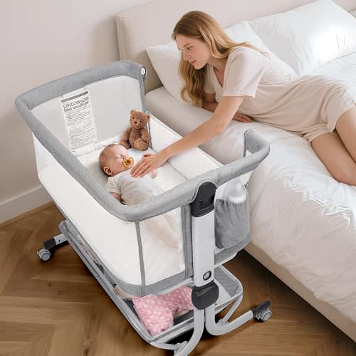 MOMFANN Baby Bassinet Bedside Sleeper, Upgraded Stability Bedside Crib with Full Mesh Sides, Soft Sheet, 6-Height Adjustment, Storage Basket, Easy Folding Portable Bassinet for Newborns, Gray