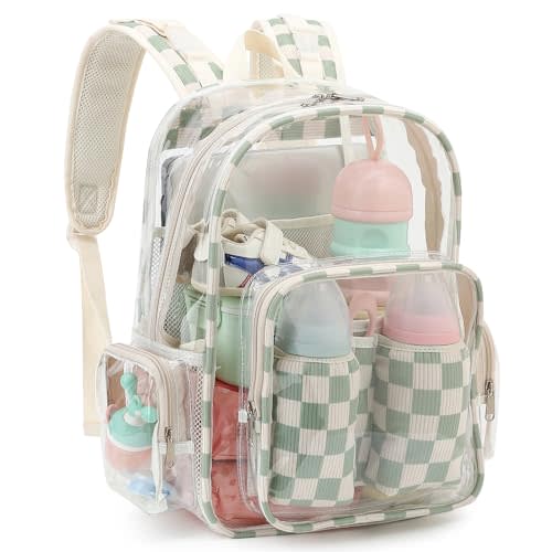 Clear Baby Diaper Bag Backpack for Mom, Large Capacity Travel Nappy Bag for Boys & Girls with Stroller Straps (Corduroy Checkered Green)