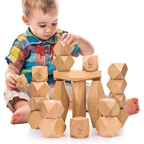 OATHX Montessori Toys Stacking Rocks Wooden Grimms Blocks Building Preschool Balancing Stones for Toddlers 1-3 Girls Boys Sensory Natural Wood 20pcs Large Size