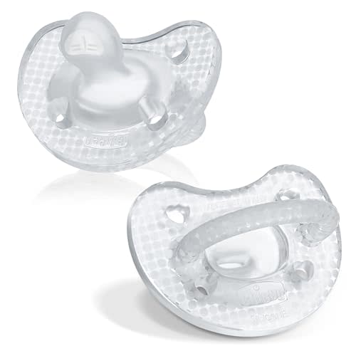 Chicco PhysioForma Luxe Orthodontic Pacifier, 0-6m | 100% Soft Silicone | Supports Breathing & Oral Development | Textured Shield & Handle | Includes Sterilizing Case | BPA Free | Crystal, 2pk
