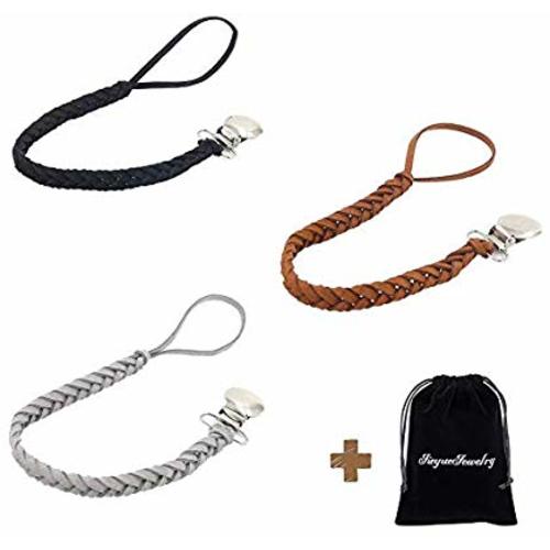 JieyueJewelry 3 Pack Leather Baby Pacifier Clips, Handmade Suede Braided Leash Pacifier Teething Toy Holders for Boys and Girls, 10 inch (Black/Brown/Grey)