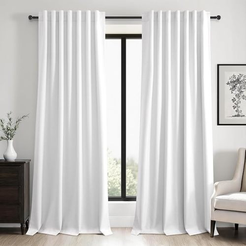 96 inch long Linen blackout curtains 2 Panels 100% Black out Linen texture Curtains ivory white Window Drapes with Back Tab Rod Pocket Mordern vintage Curtains Panel for Bedroom Living Room 8FT