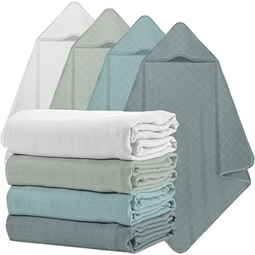 Preboun 4 Pcs Muslin Hooded Baby Towels,32"x 32" Cotton Newborn Bath Towel Muslin Infant Baby Blankets Absorbent Unisex Newborn Registry Gift for Girls Boys(Green Series)
